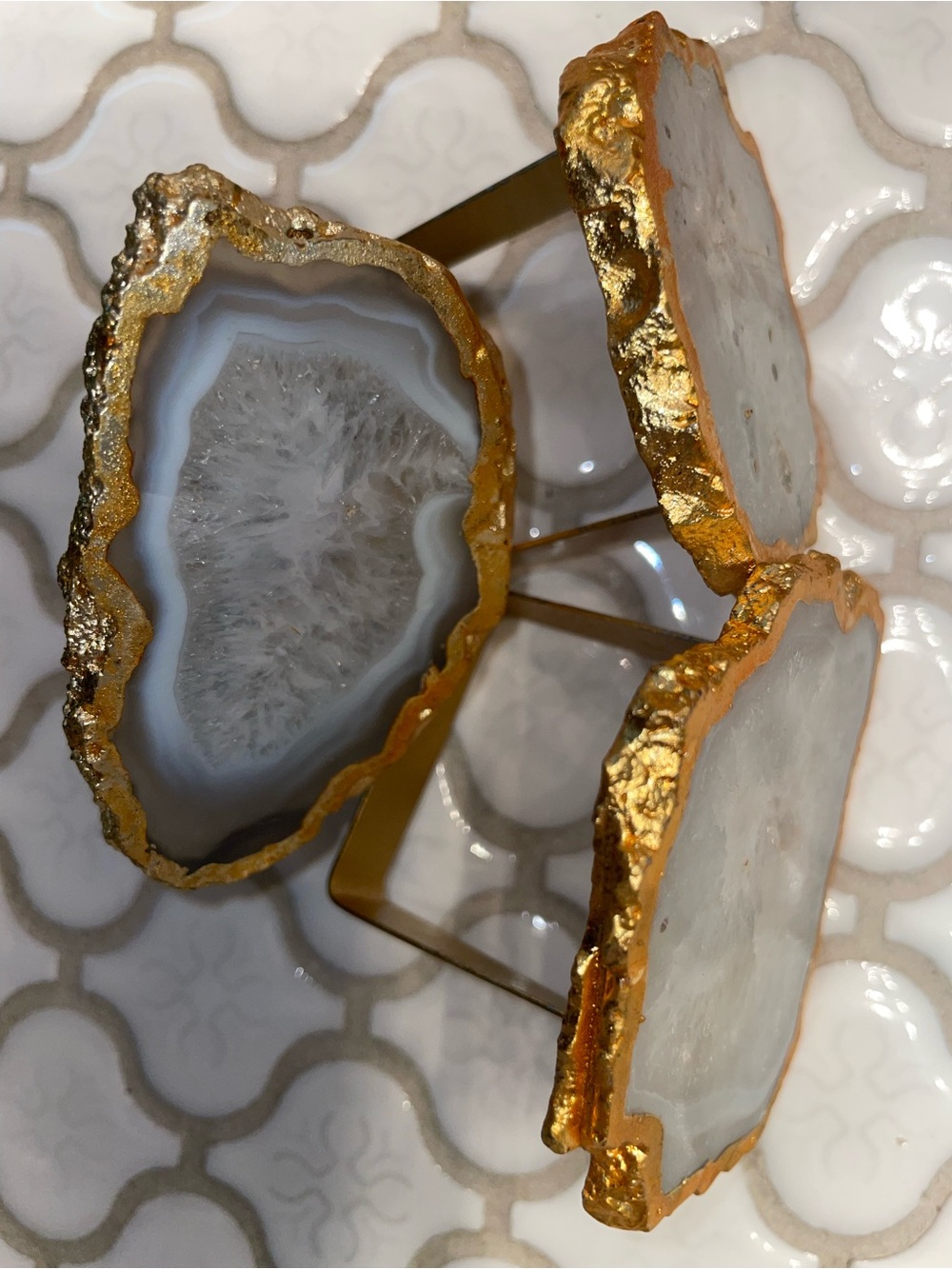 Elegant witchy earthy upscale agate gold napkin rings table setting dinner party